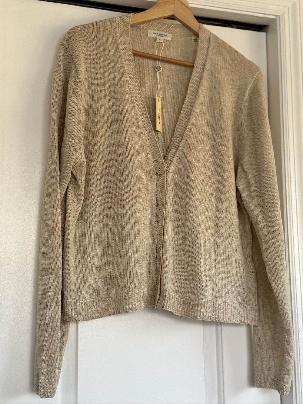 Max Studio Neutral Beige V-Neck Button Cardigan